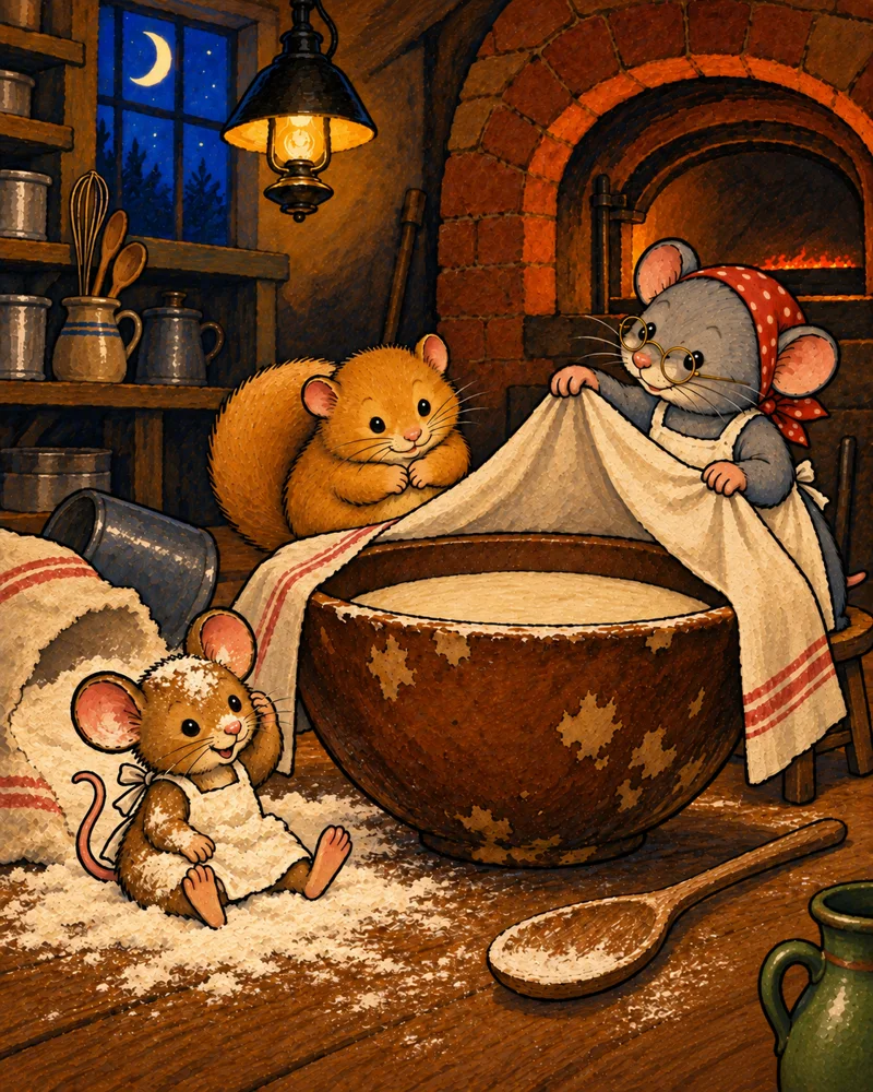Pip sits in a heap of spilled flour beside the big bowl while Nan Crumb and the dormouse look on.