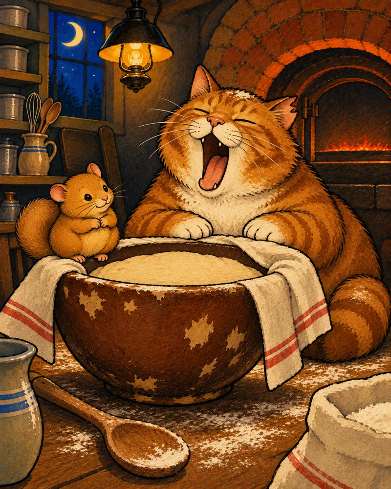 Old Sprat the bakery cat gives an enormous yawn over the bowl of dough while the dormouse watches.