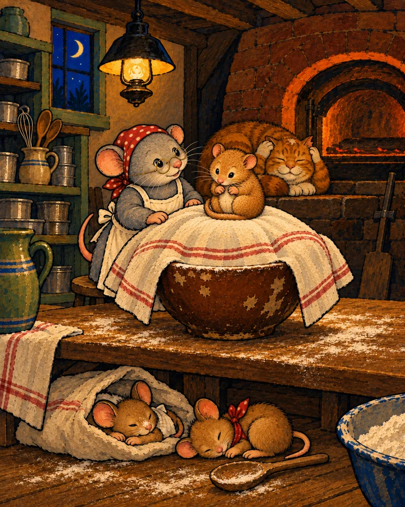 The dormouse wakes on top of the risen dough, much higher than she went to sleep.
