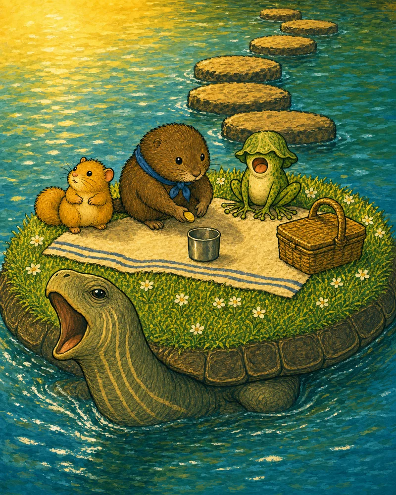 The island yawns: Tess the turtle wakes beneath the picnic while Ned’s lettuce hat slips over his eyes.