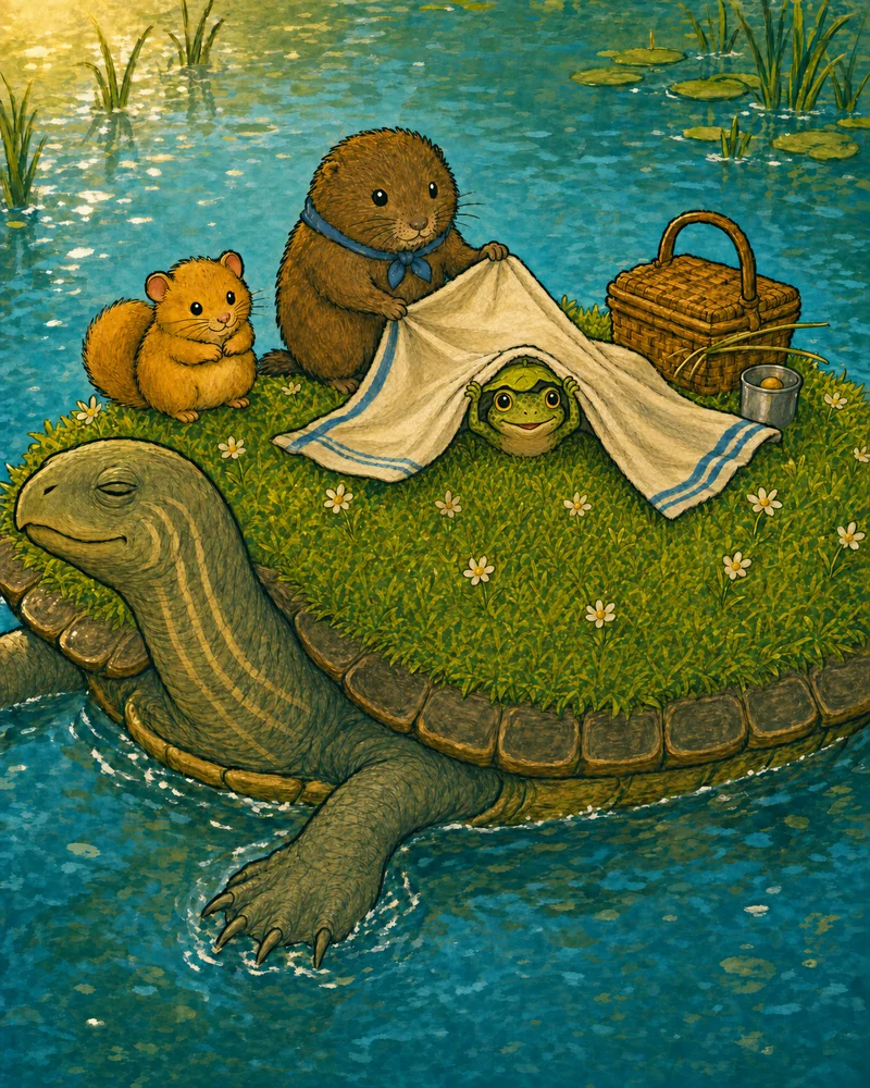Dot lifts the picnic cloth into a roof for Tess, while Ned peeks out from underneath.