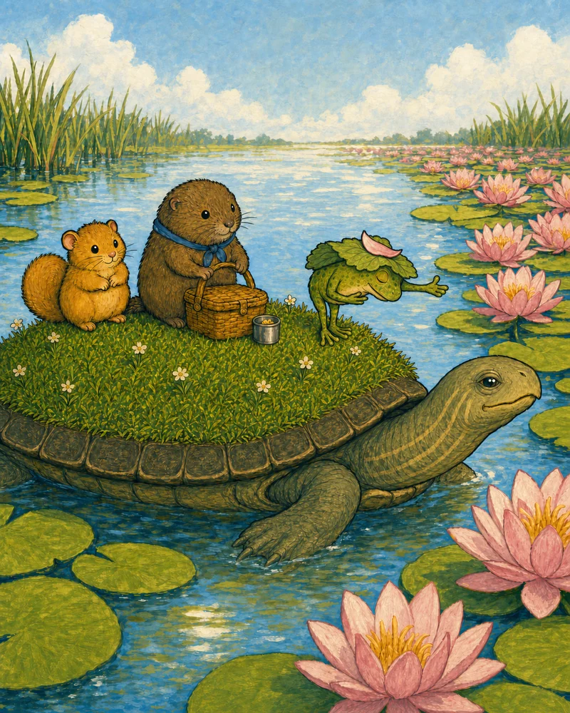 Ned bows to a row of pink water lilies as Tess swims along the pond.